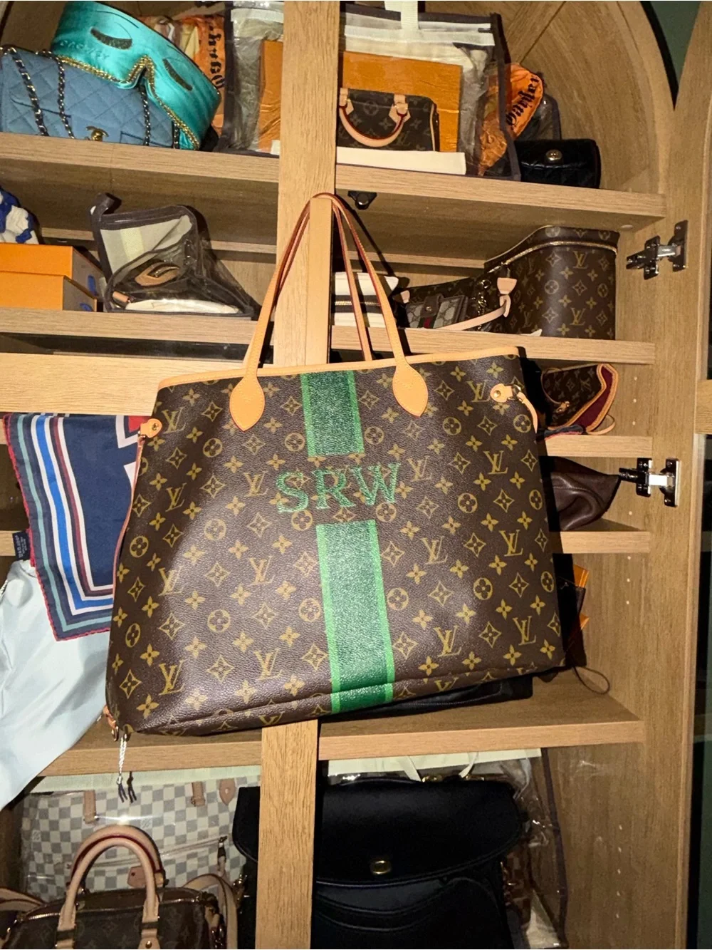 Louis Vuitton Neverfull GM Monogram Tote with Green Stripe personalized 100%auth